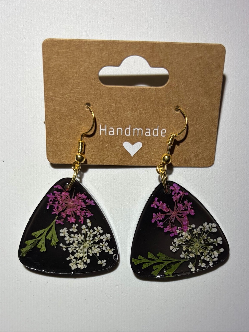 Handmade Black Resin Floral Drop Earrings with Pink & White Flowers